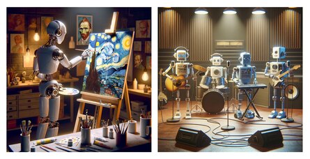 Collage mit zwei Bildern, wo Roboter Kunst erschaffen. Im ersten Bild steht ein Roboter an einer Staffel und malt Van Goghs "Sternennacht". Im zweiten Bild sieht man vier Roboter mit Gitarre, Schlagzeug, Keyboard und Bass.